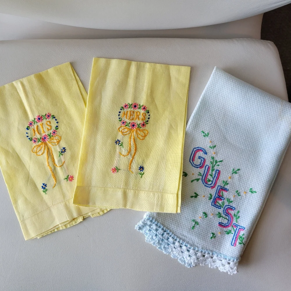 Vintage His & Hers & Guest Tea Towels , Embroidered, Wedding gift! Cottage!!